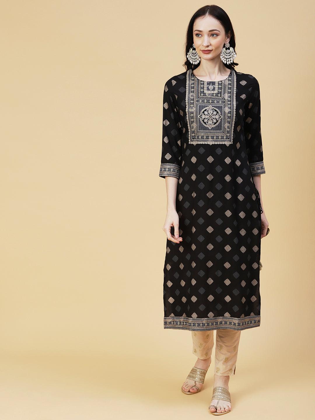 Barfi Printed Resham & Sequins Embroidered Tasseled Kurta - Black - Indiakreations