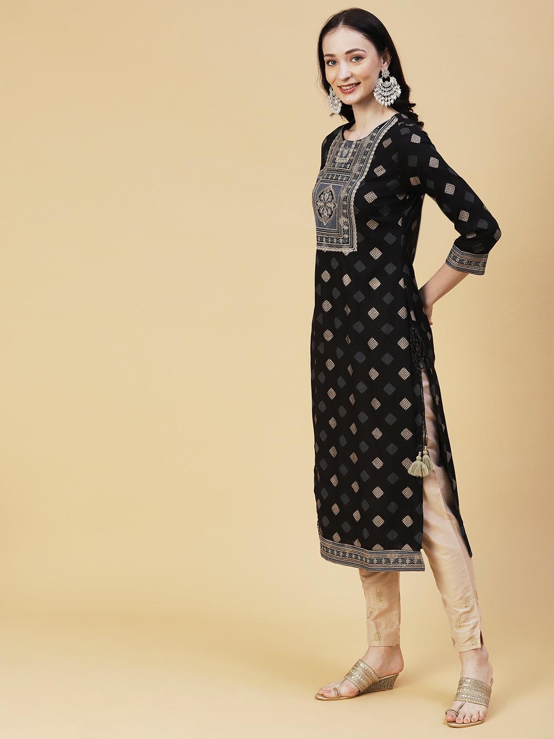 Barfi Printed Resham & Sequins Embroidered Tasseled Kurta - Black - Indiakreations