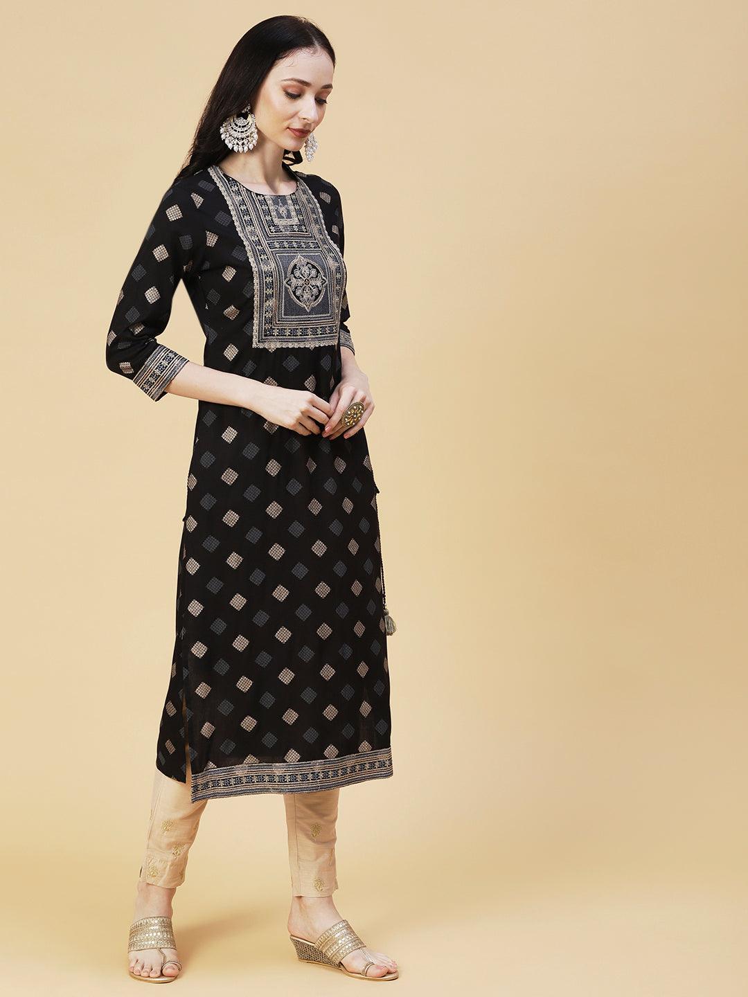 Barfi Printed Resham & Sequins Embroidered Tasseled Kurta - Black - Indiakreations