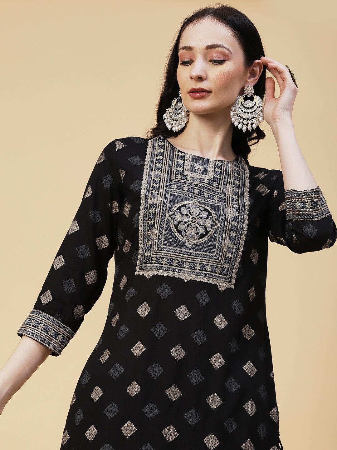 Barfi Printed Resham & Sequins Embroidered Tasseled Kurta - Black - Indiakreations