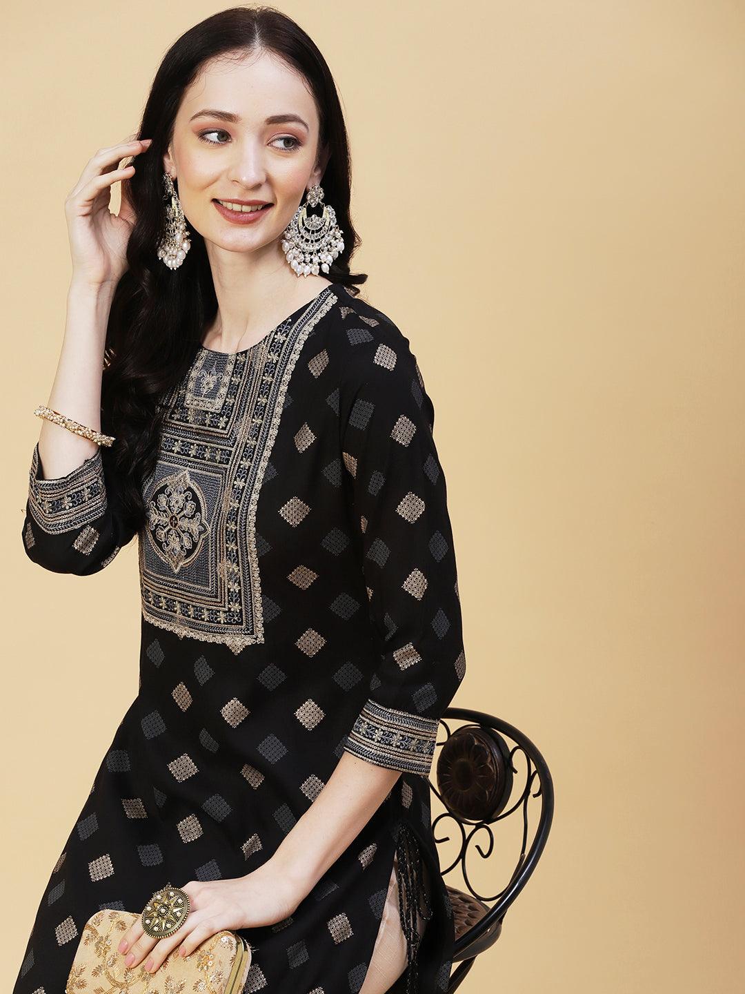 Barfi Printed Resham & Sequins Embroidered Tasseled Kurta - Black - Indiakreations