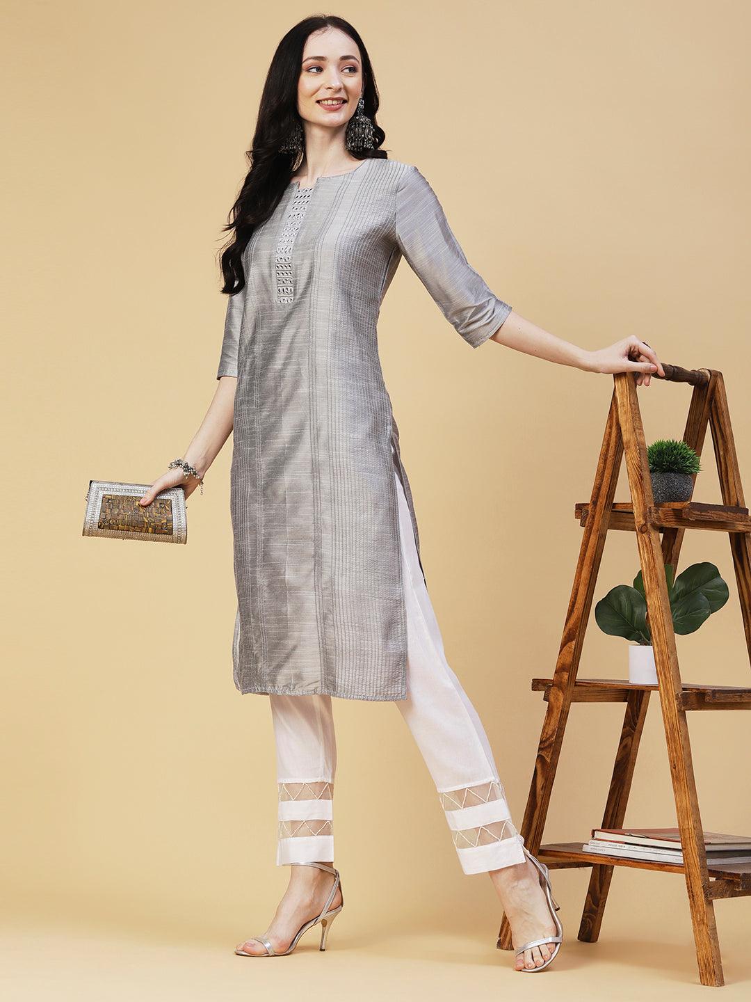 Solid Mirror & Resham Embroidered Pin-tucks Kurta - Steel Grey - Indiakreations