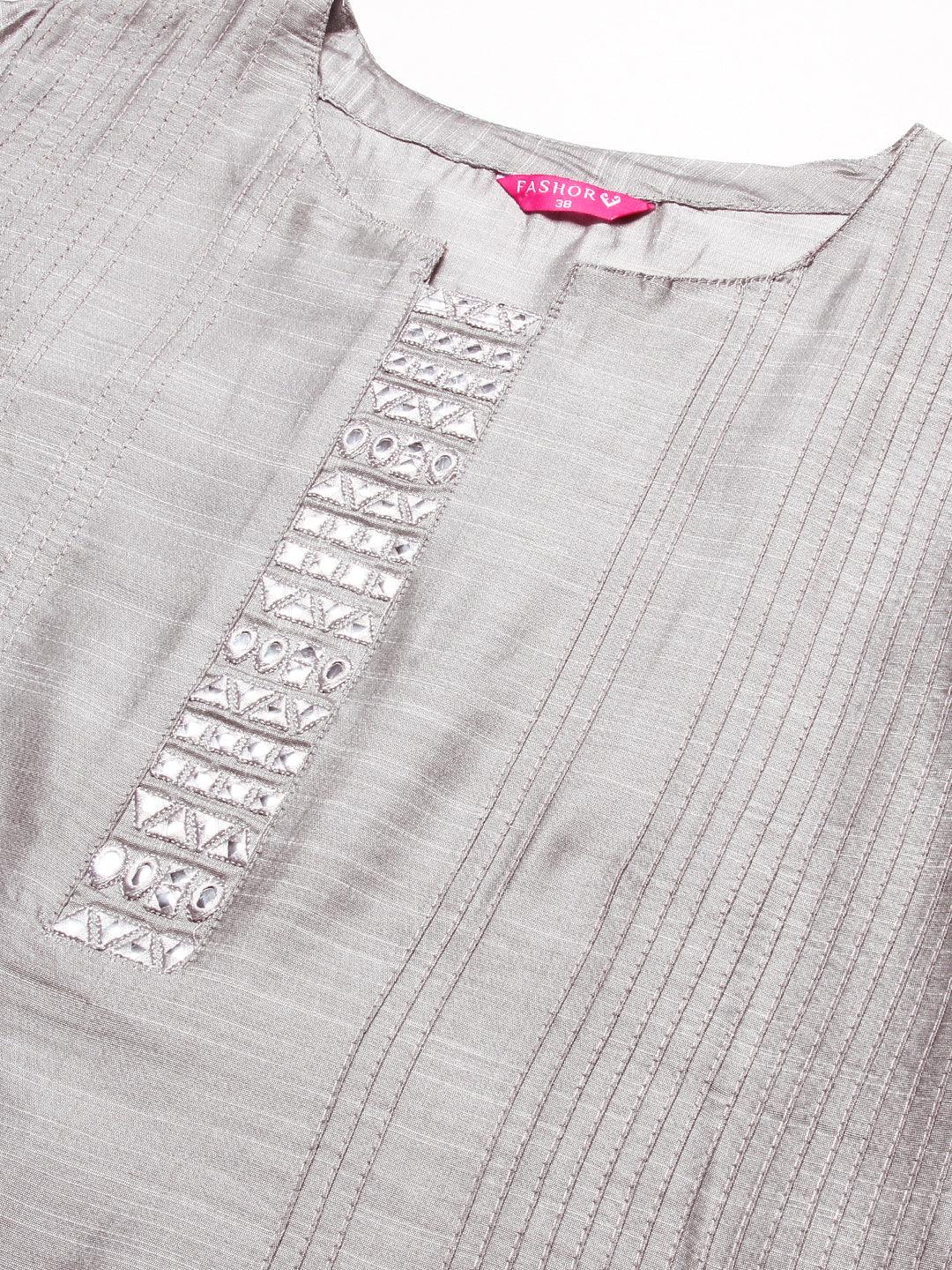 Solid Mirror & Resham Embroidered Pin-tucks Kurta - Steel Grey - Indiakreations