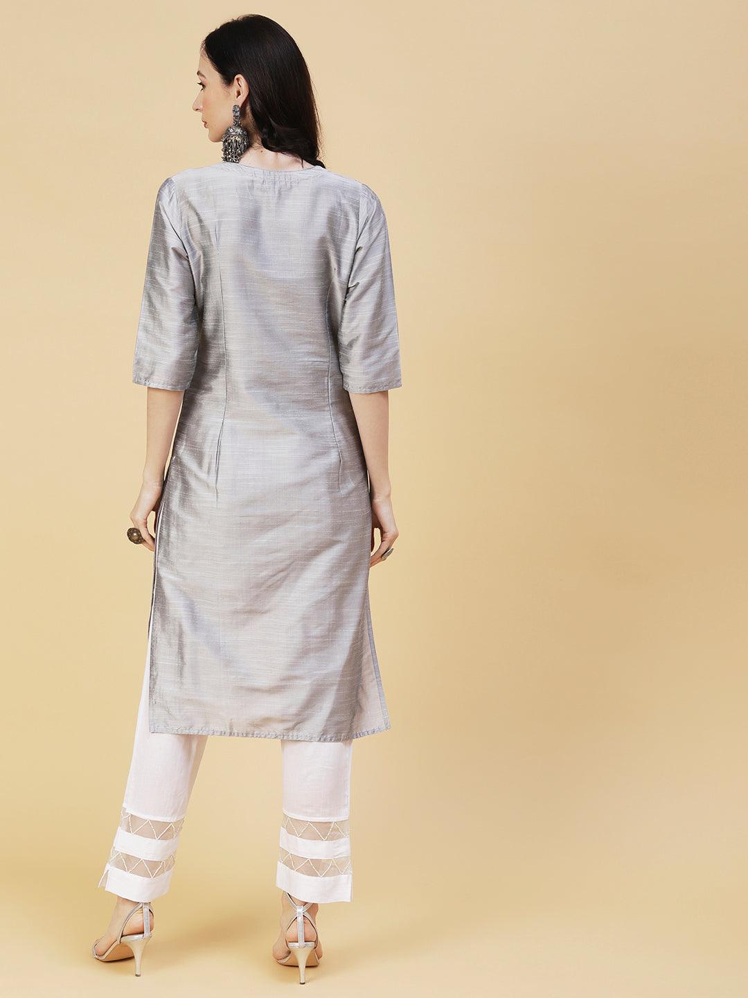 Solid Mirror & Resham Embroidered Pin-tucks Kurta - Steel Grey - Indiakreations