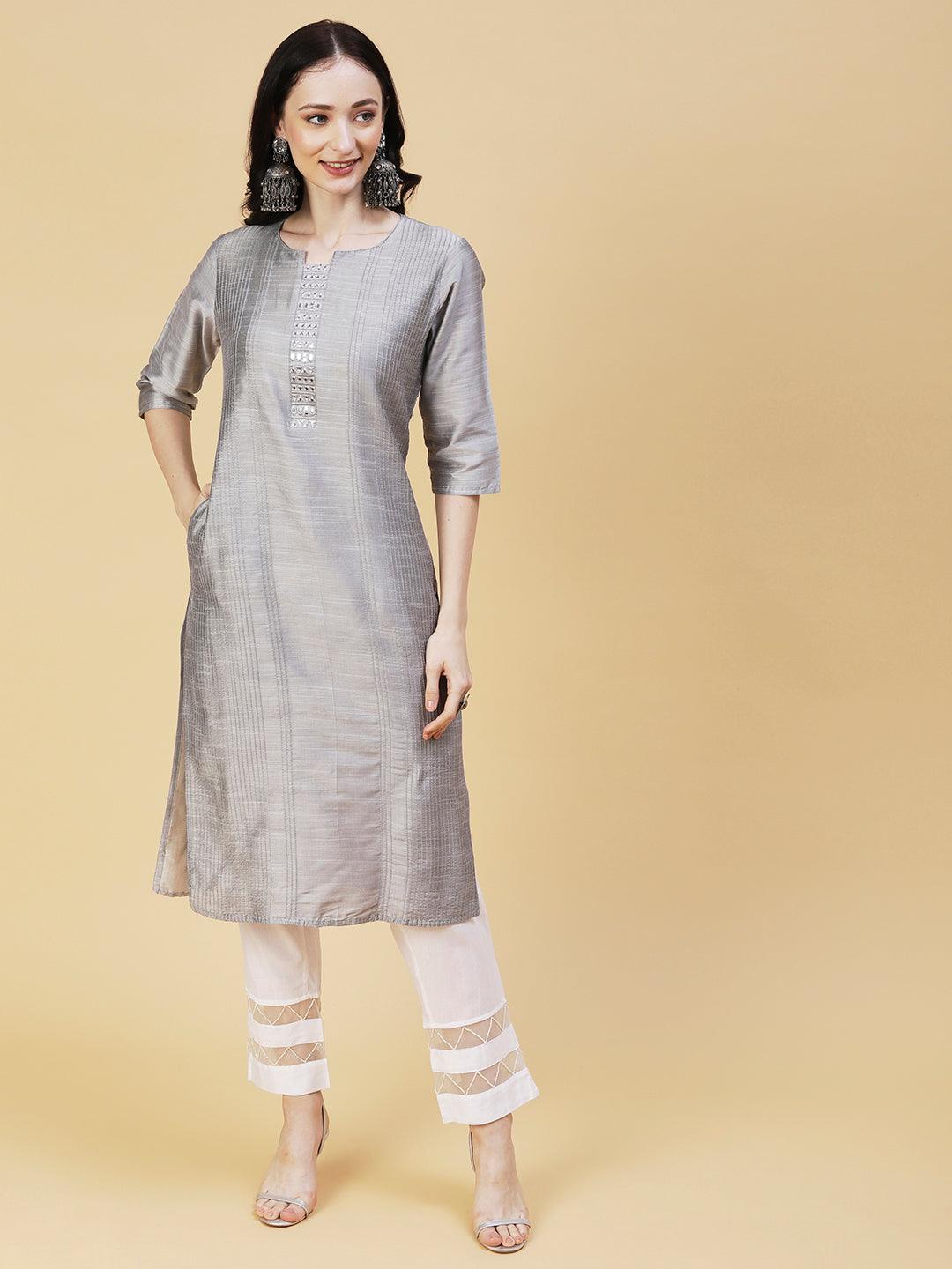 Solid Mirror & Resham Embroidered Pin-tucks Kurta - Steel Grey - Indiakreations