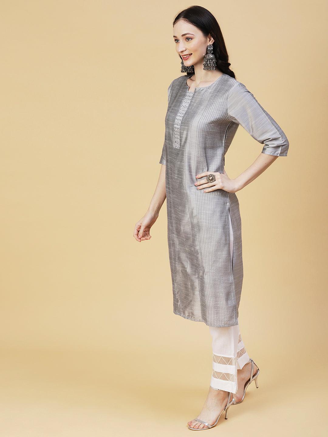 Solid Mirror & Resham Embroidered Pin-tucks Kurta - Steel Grey - Indiakreations