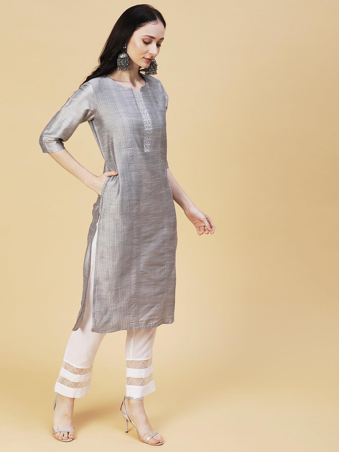 Solid Mirror & Resham Embroidered Pin-tucks Kurta - Steel Grey - Indiakreations