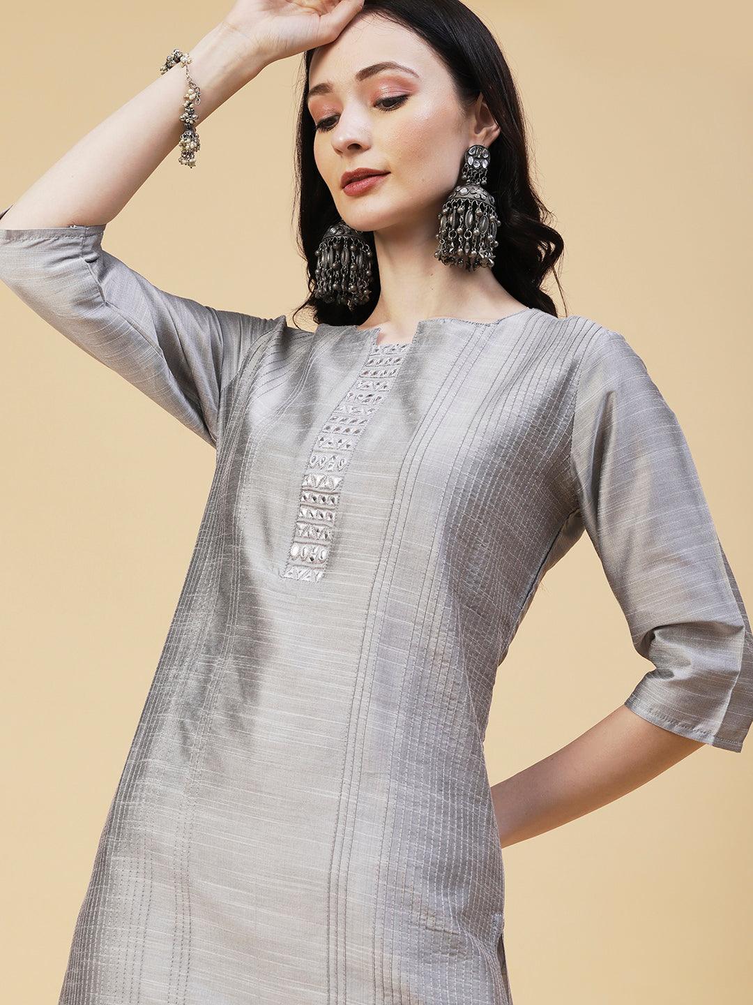 Solid Mirror & Resham Embroidered Pin-tucks Kurta - Steel Grey - Indiakreations