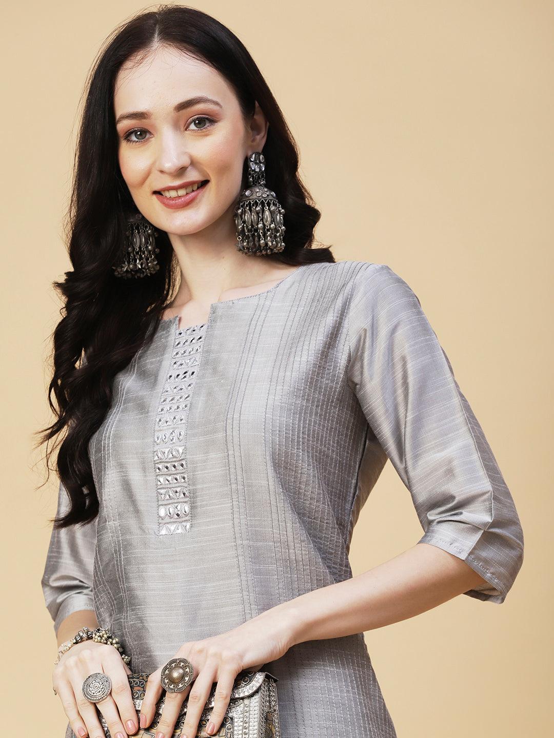 Solid Mirror & Resham Embroidered Pin-tucks Kurta - Steel Grey - Indiakreations