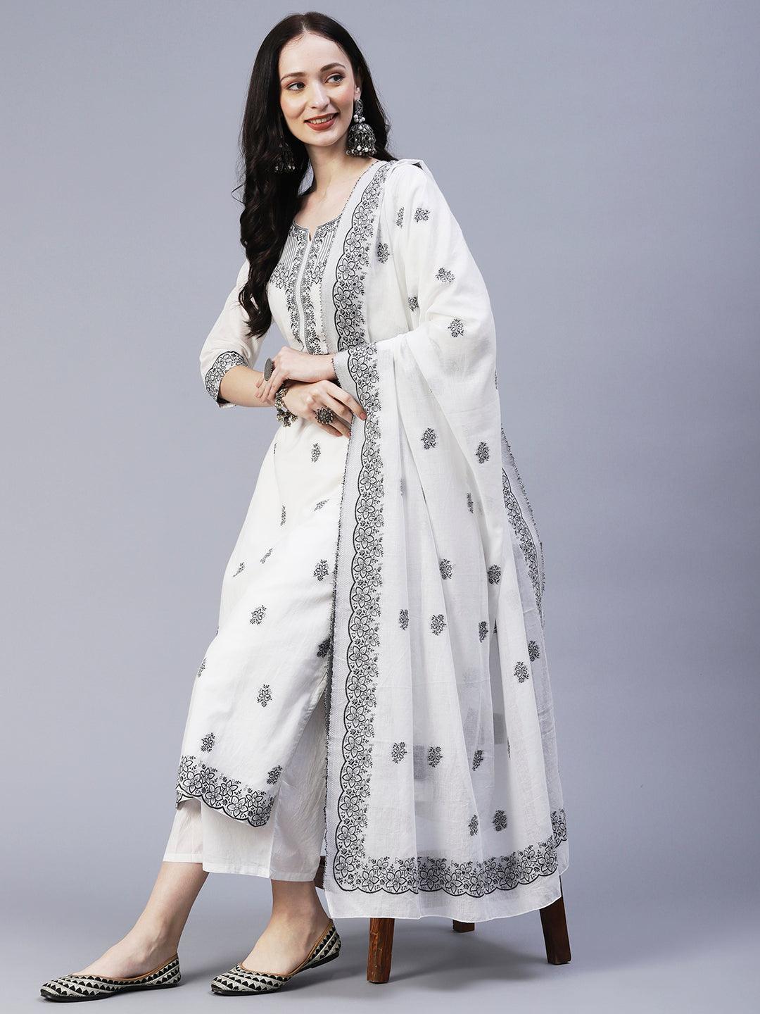 Solid Floral Resham Jacquard Kurta with Palazzo & Resham Jacquard Dupatta - White - Indiakreations