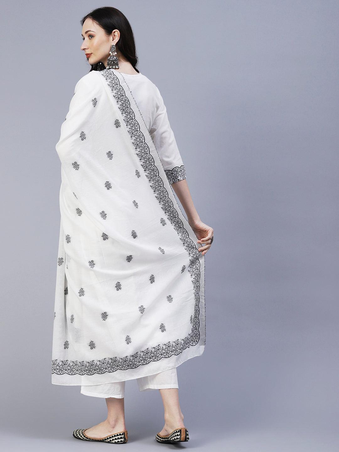 Solid Floral Resham Jacquard Kurta with Palazzo & Resham Jacquard Dupatta - White - Indiakreations