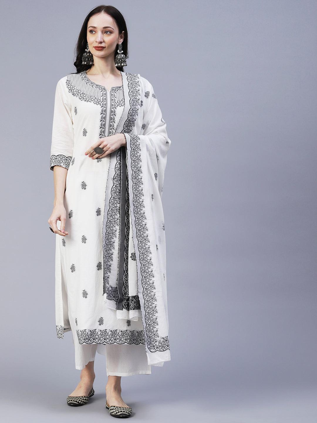 Solid Floral Resham Jacquard Kurta with Palazzo & Resham Jacquard Dupatta - White - Indiakreations