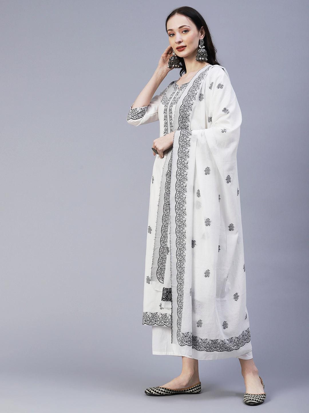 Solid Floral Resham Jacquard Kurta with Palazzo & Resham Jacquard Dupatta - White - Indiakreations