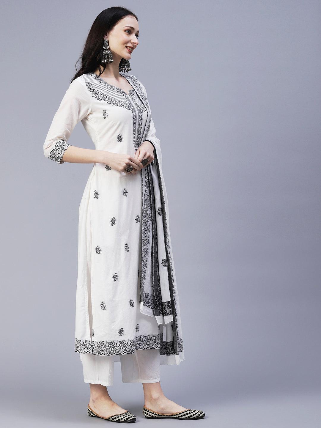 Solid Floral Resham Jacquard Kurta with Palazzo & Resham Jacquard Dupatta - White - Indiakreations