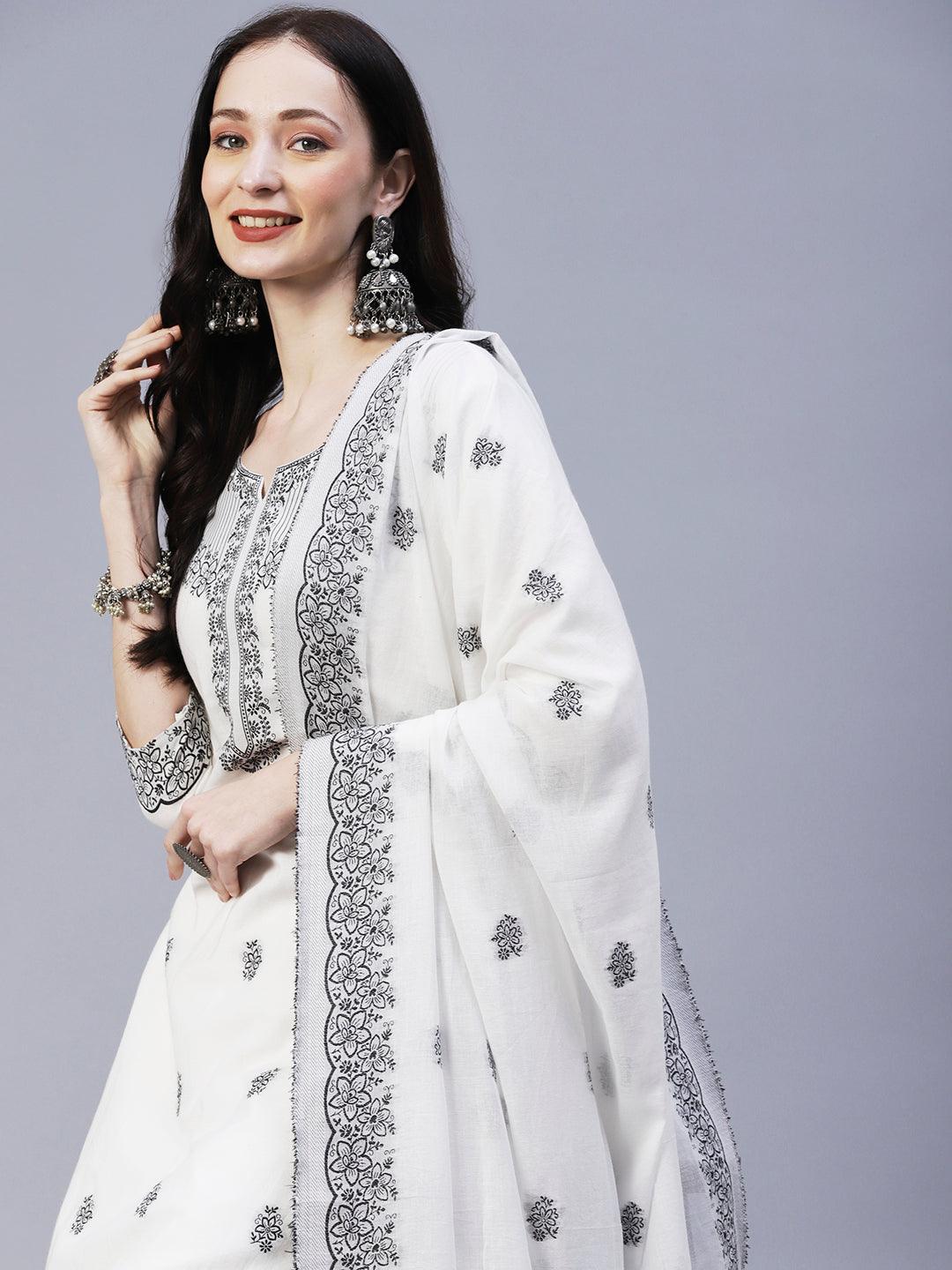 Solid Floral Resham Jacquard Kurta with Palazzo & Resham Jacquard Dupatta - White - Indiakreations