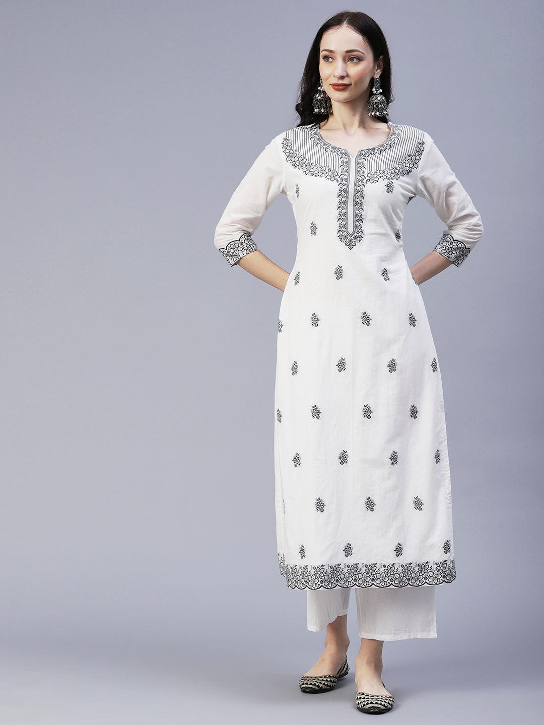 Solid Floral Resham Jacquard Kurta with Palazzo & Resham Jacquard Dupatta - White - Indiakreations