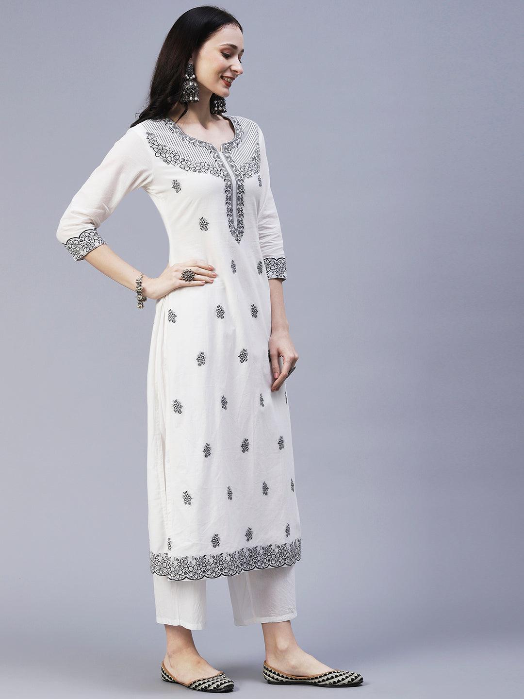 Solid Floral Resham Jacquard Kurta with Palazzo & Resham Jacquard Dupatta - White - Indiakreations