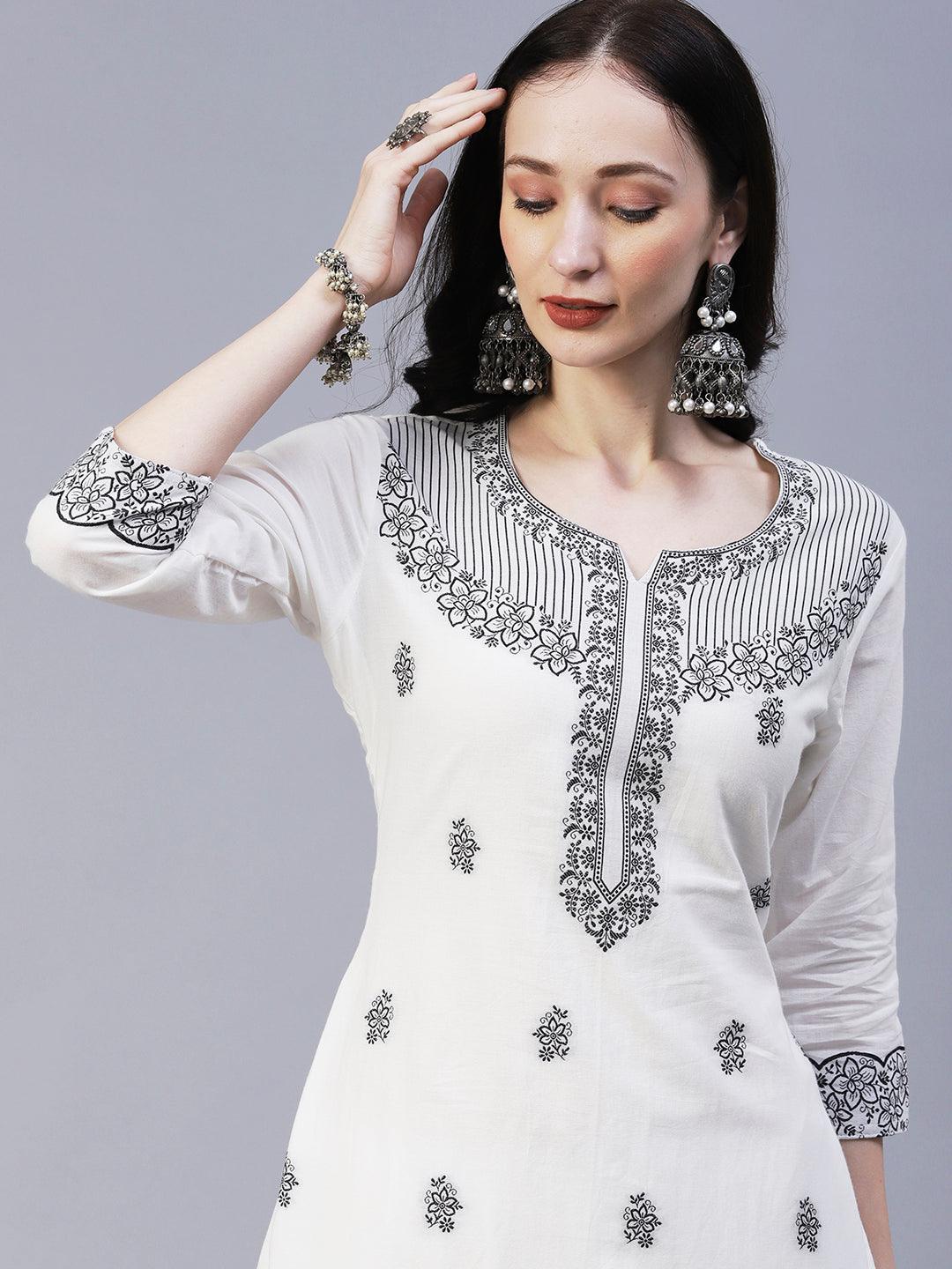 Solid Floral Resham Jacquard Kurta with Palazzo & Resham Jacquard Dupatta - White - Indiakreations