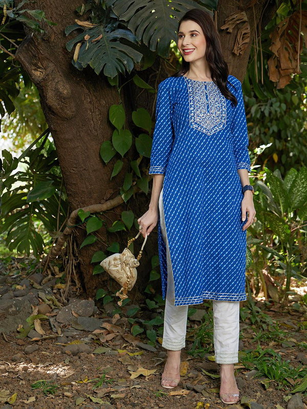 Leheriya Printed & Sequin Embroidered Straight Fit Kurta – Dark Blue - Indiakreations