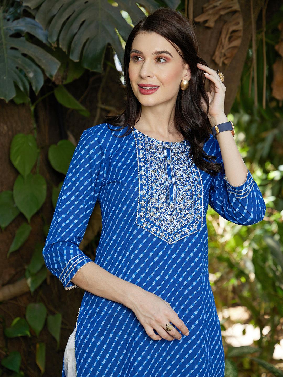 Leheriya Printed & Sequin Embroidered Straight Fit Kurta – Dark Blue - Indiakreations