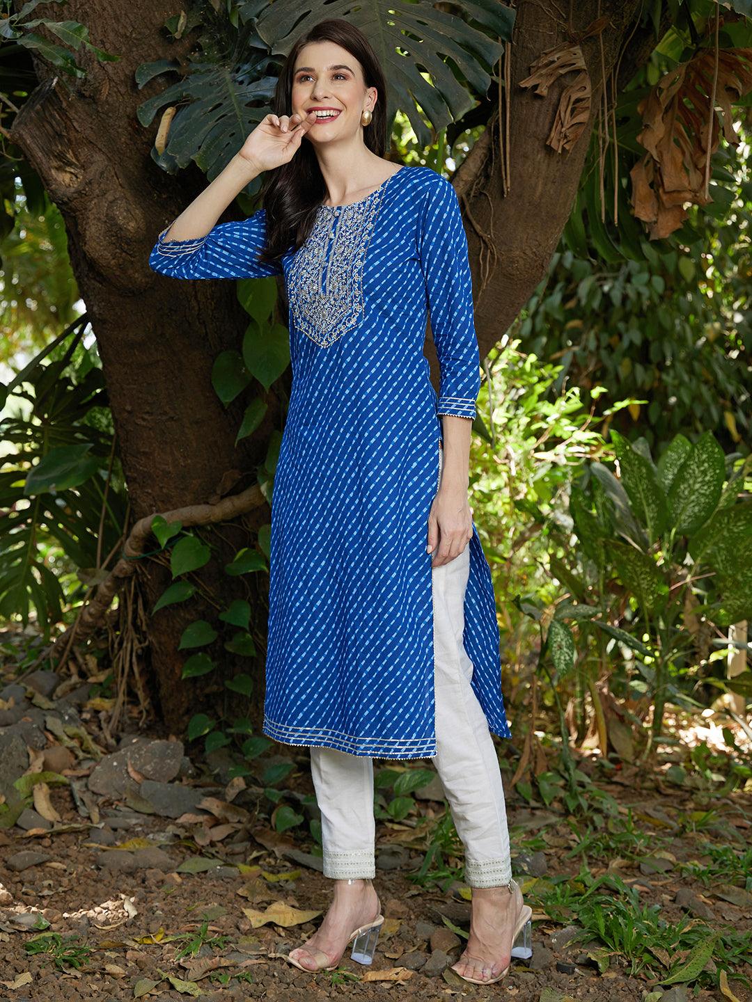 Leheriya Printed & Sequin Embroidered Straight Fit Kurta – Dark Blue - Indiakreations