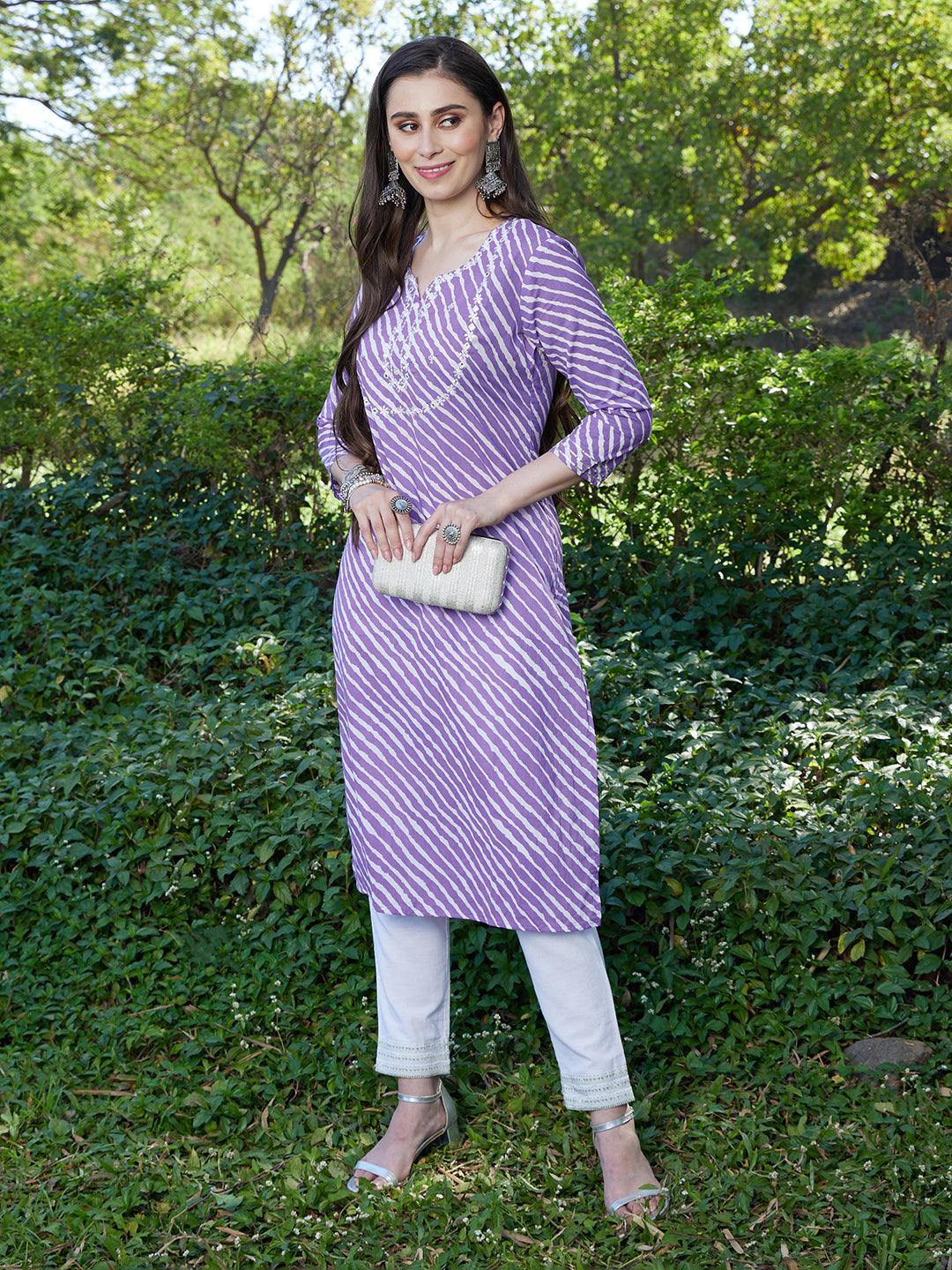 Leheriya Printed & Ethnic Embroidered Straight Fit Kurta - Purple - Indiakreations