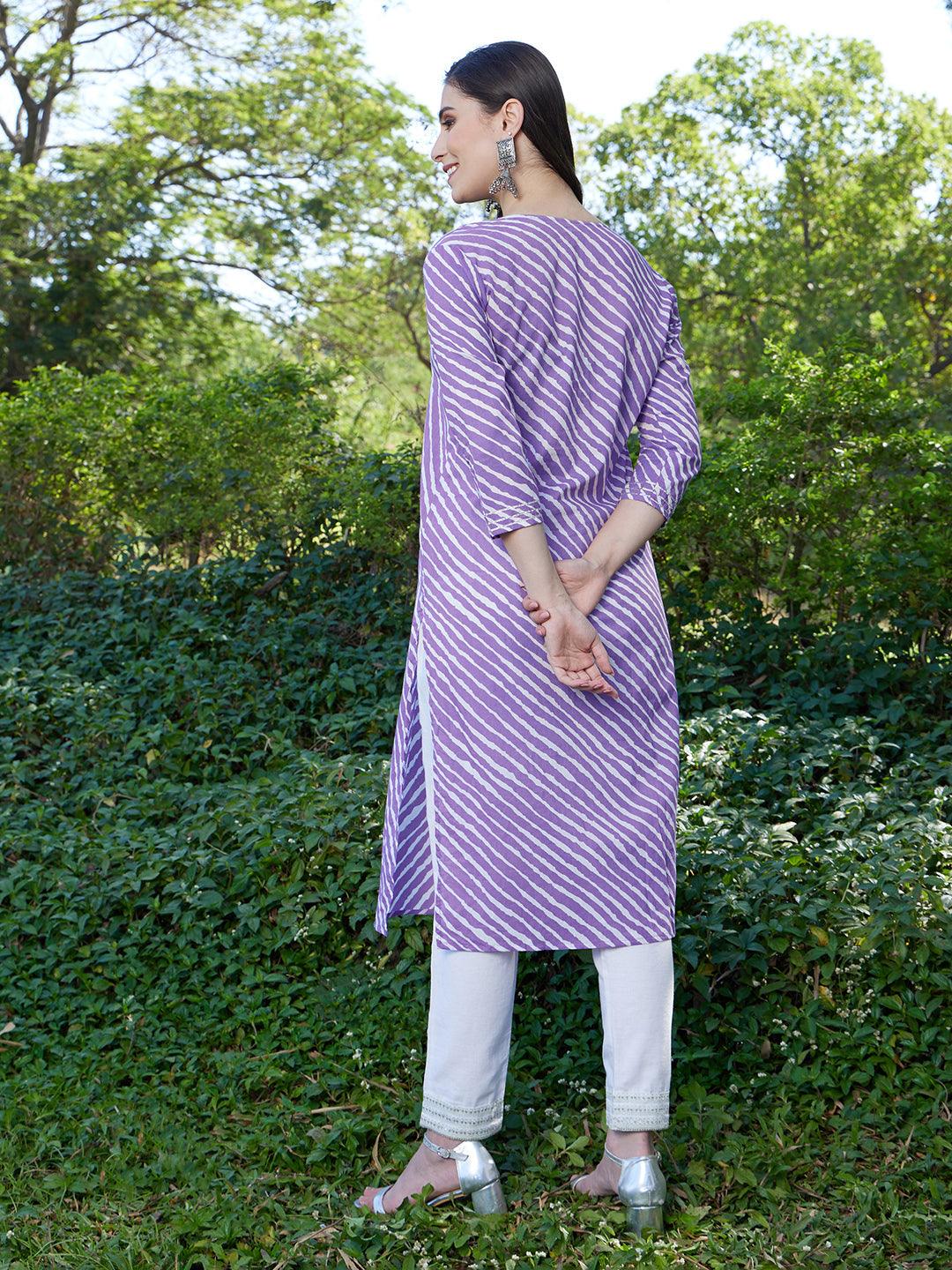 Leheriya Printed & Ethnic Embroidered Straight Fit Kurta - Purple - Indiakreations