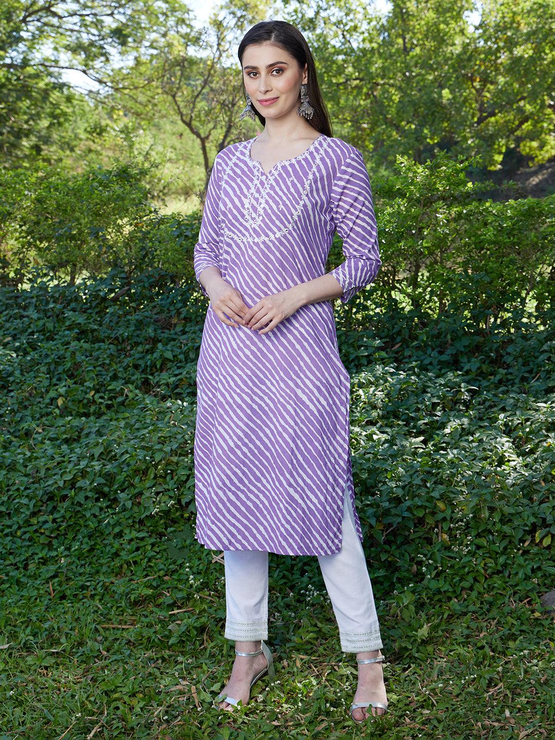 Leheriya Printed & Ethnic Embroidered Straight Fit Kurta - Purple - Indiakreations