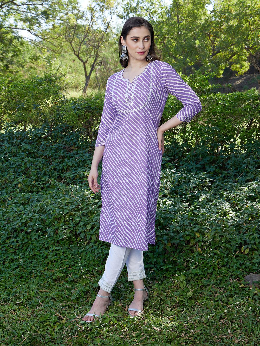 Leheriya Printed & Ethnic Embroidered Straight Fit Kurta - Purple - Indiakreations