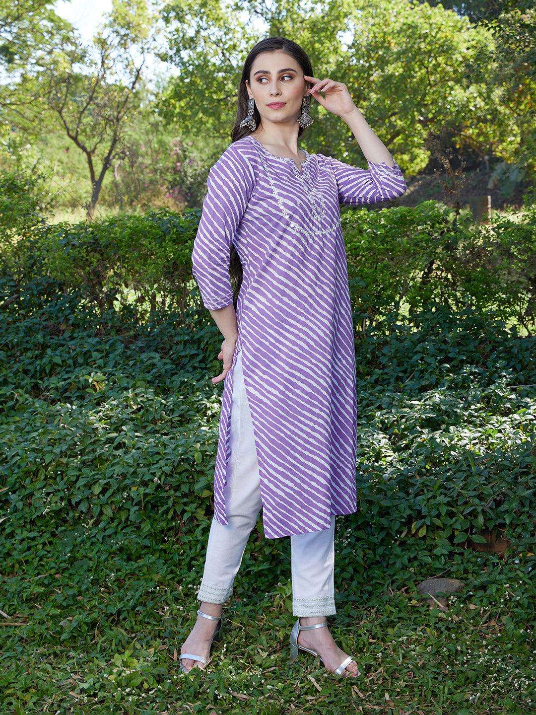 Leheriya Printed & Ethnic Embroidered Straight Fit Kurta - Purple - Indiakreations