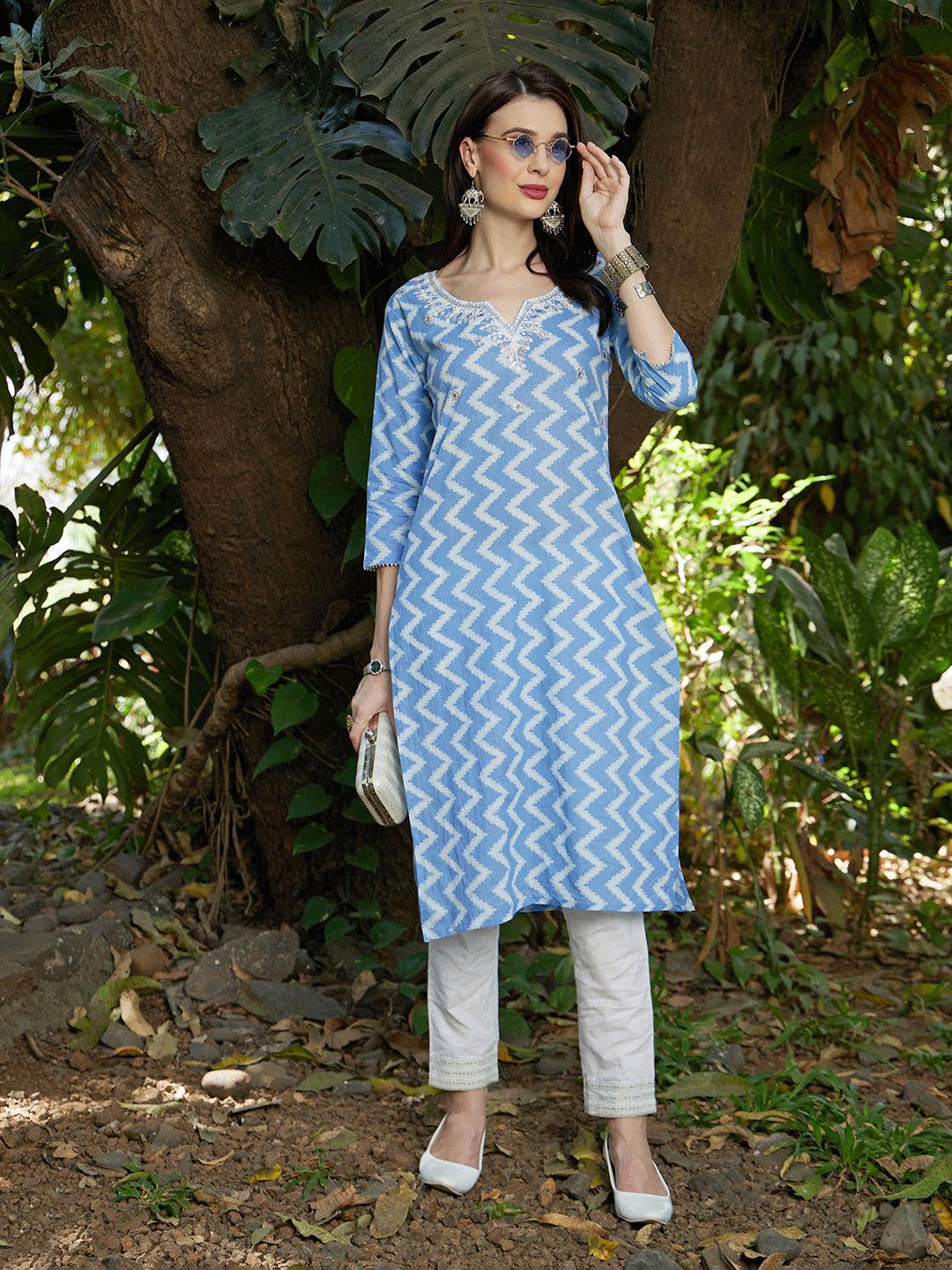 Ethnic Printed & Embroidered Straight Fit Kurta - Light Blue - Indiakreations