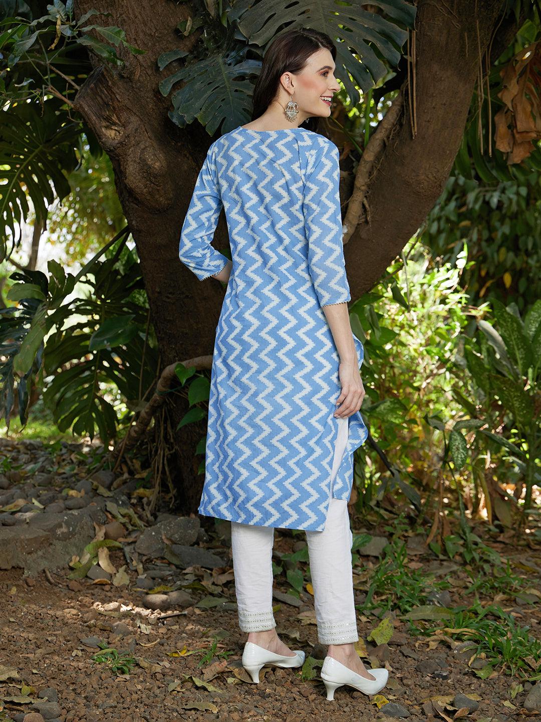 Ethnic Printed & Embroidered Straight Fit Kurta - Light Blue - Indiakreations