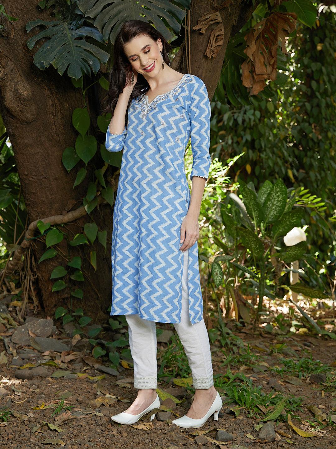 Ethnic Printed & Embroidered Straight Fit Kurta - Light Blue - Indiakreations