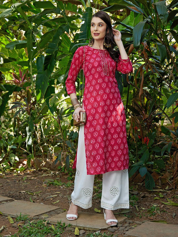 Ethnic Printed & Hand Embroidered Straight Kurta with Palazzo – Hot Pink - Indiakreations