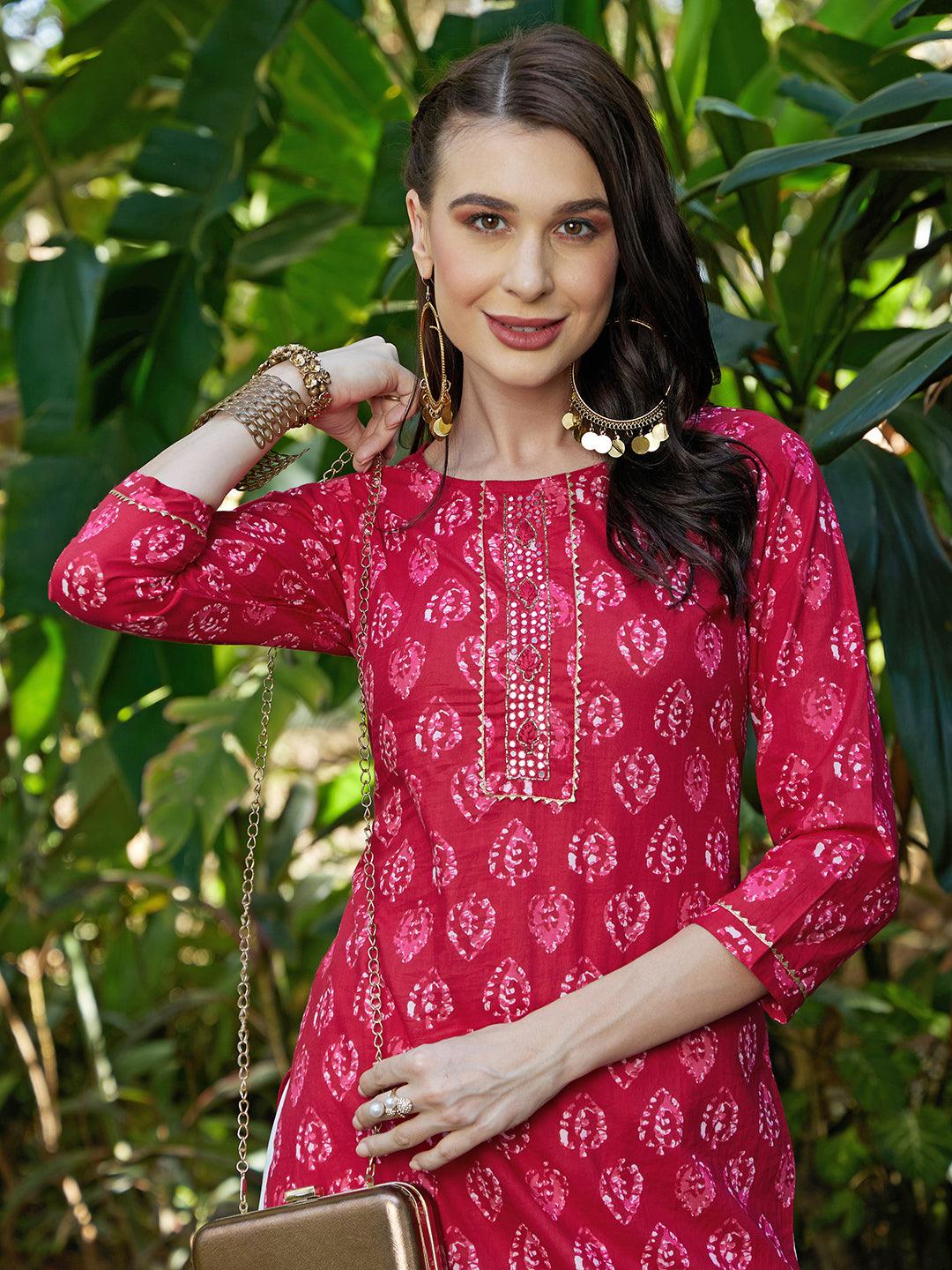 Ethnic Printed & Hand Embroidered Straight Kurta with Palazzo – Hot Pink - Indiakreations