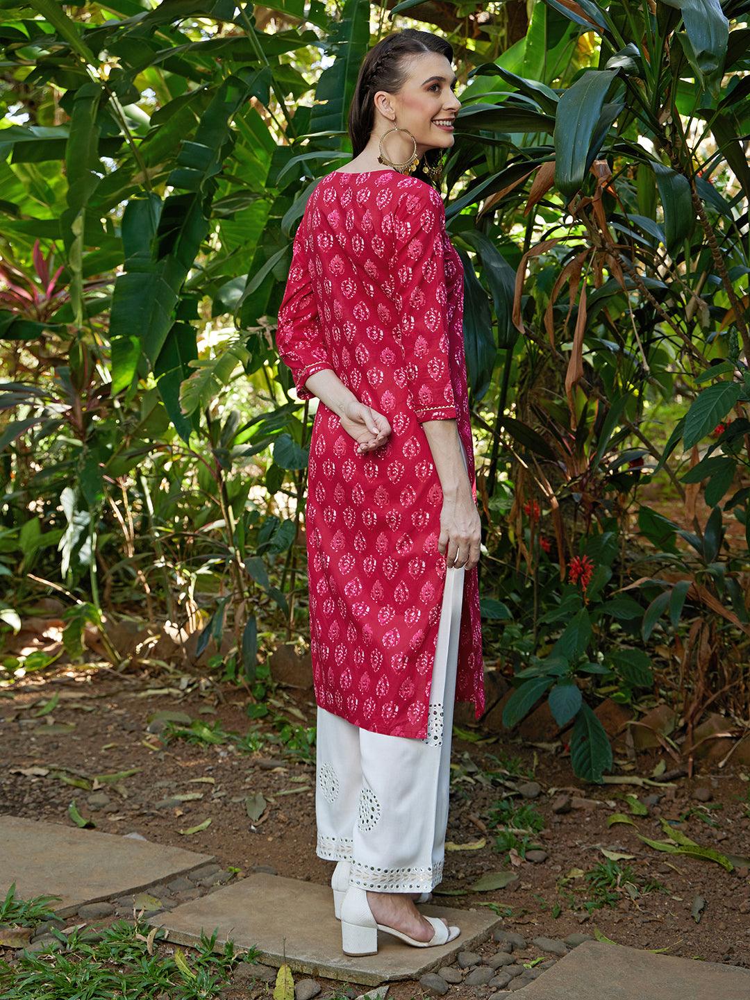 Ethnic Printed & Hand Embroidered Straight Kurta with Palazzo – Hot Pink - Indiakreations