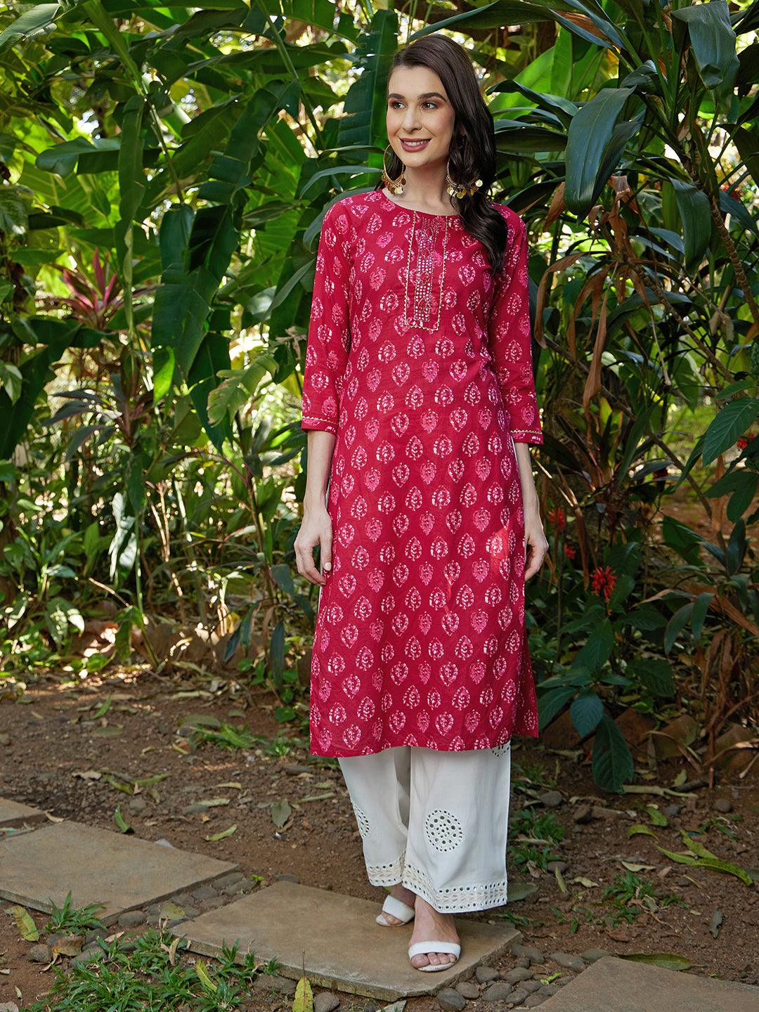 Ethnic Printed & Hand Embroidered Straight Kurta with Palazzo – Hot Pink - Indiakreations