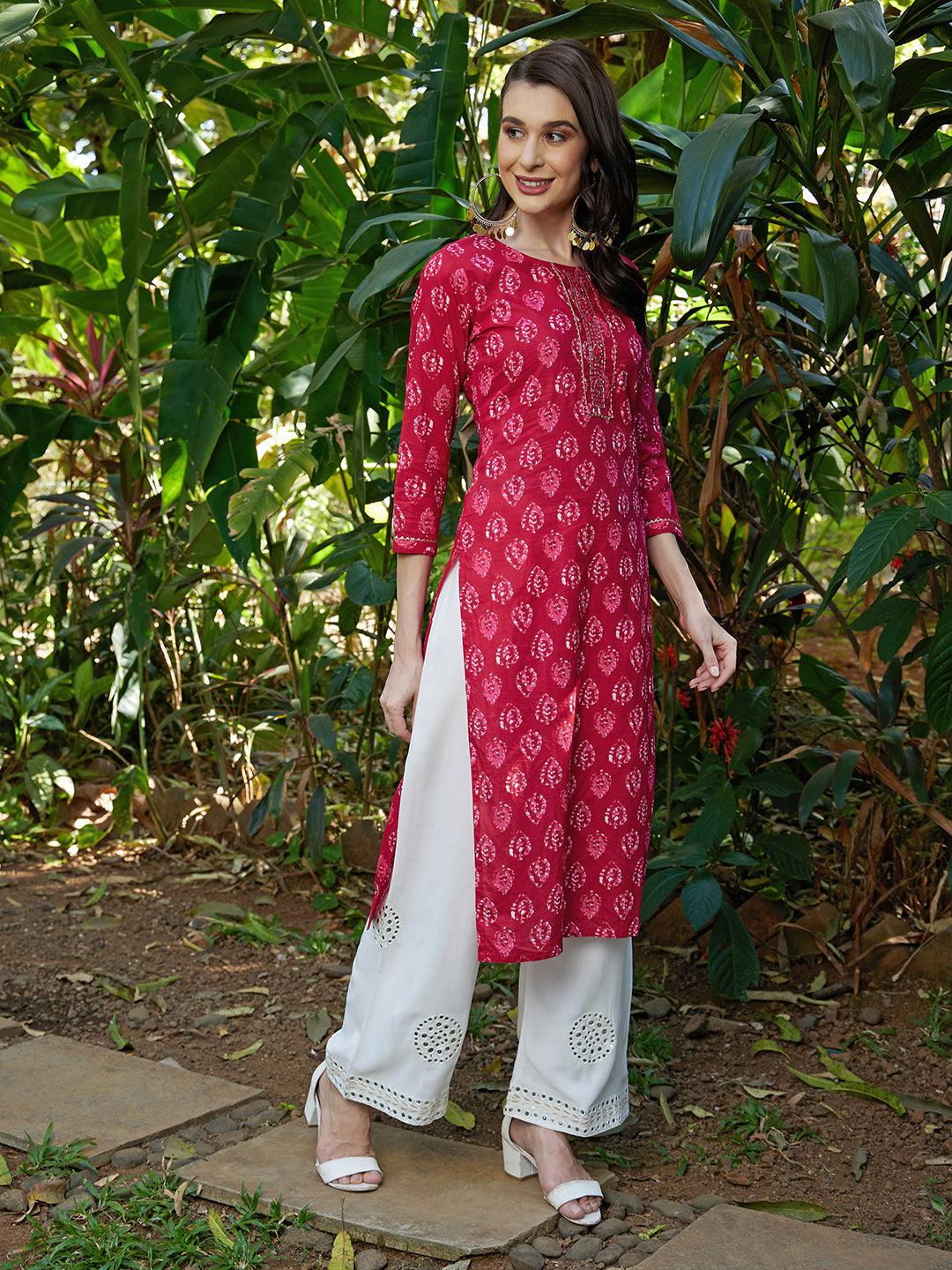 Ethnic Printed & Hand Embroidered Straight Kurta with Palazzo – Hot Pink - Indiakreations