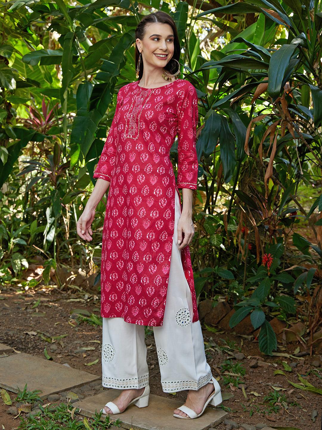 Ethnic Printed & Hand Embroidered Straight Kurta with Palazzo – Hot Pink - Indiakreations