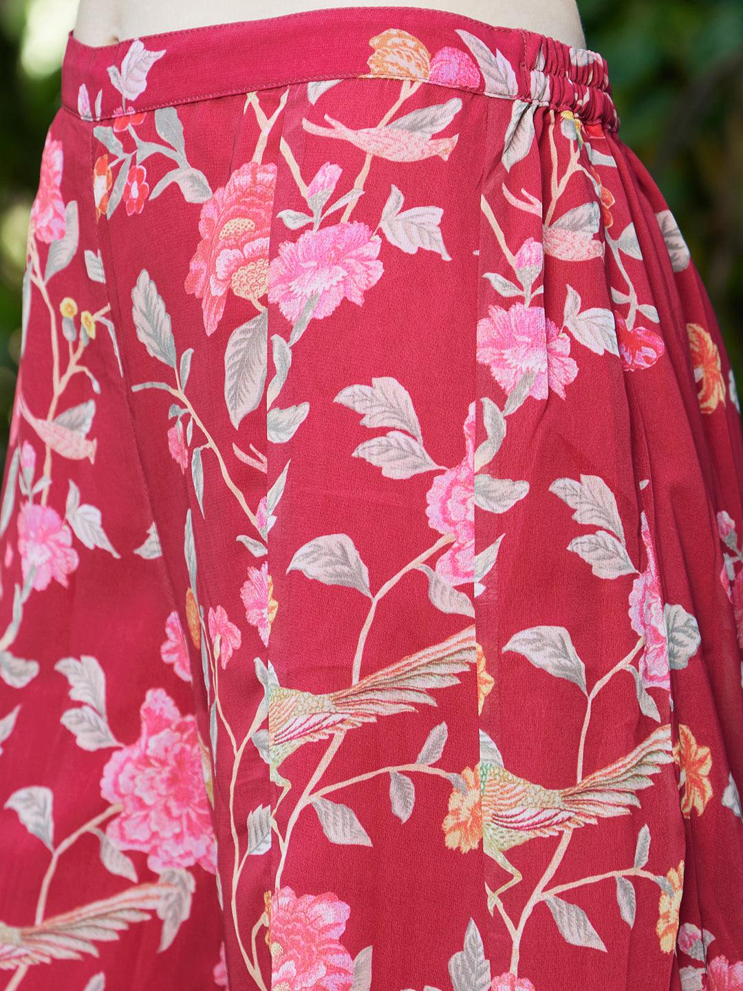 Floral Printed A-Line Kurta with Palazzo - Dark Pink - Indiakreations