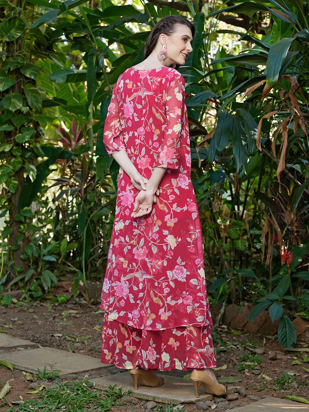 Floral Printed A-Line Kurta with Palazzo - Dark Pink - Indiakreations