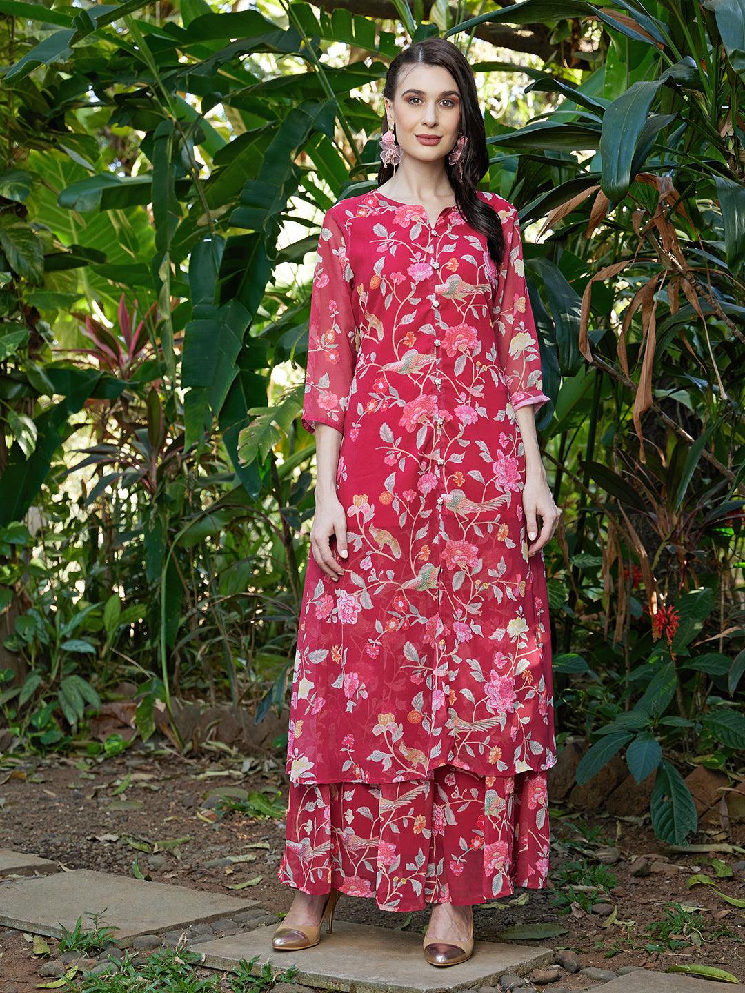 Floral Printed A-Line Kurta with Palazzo - Dark Pink - Indiakreations