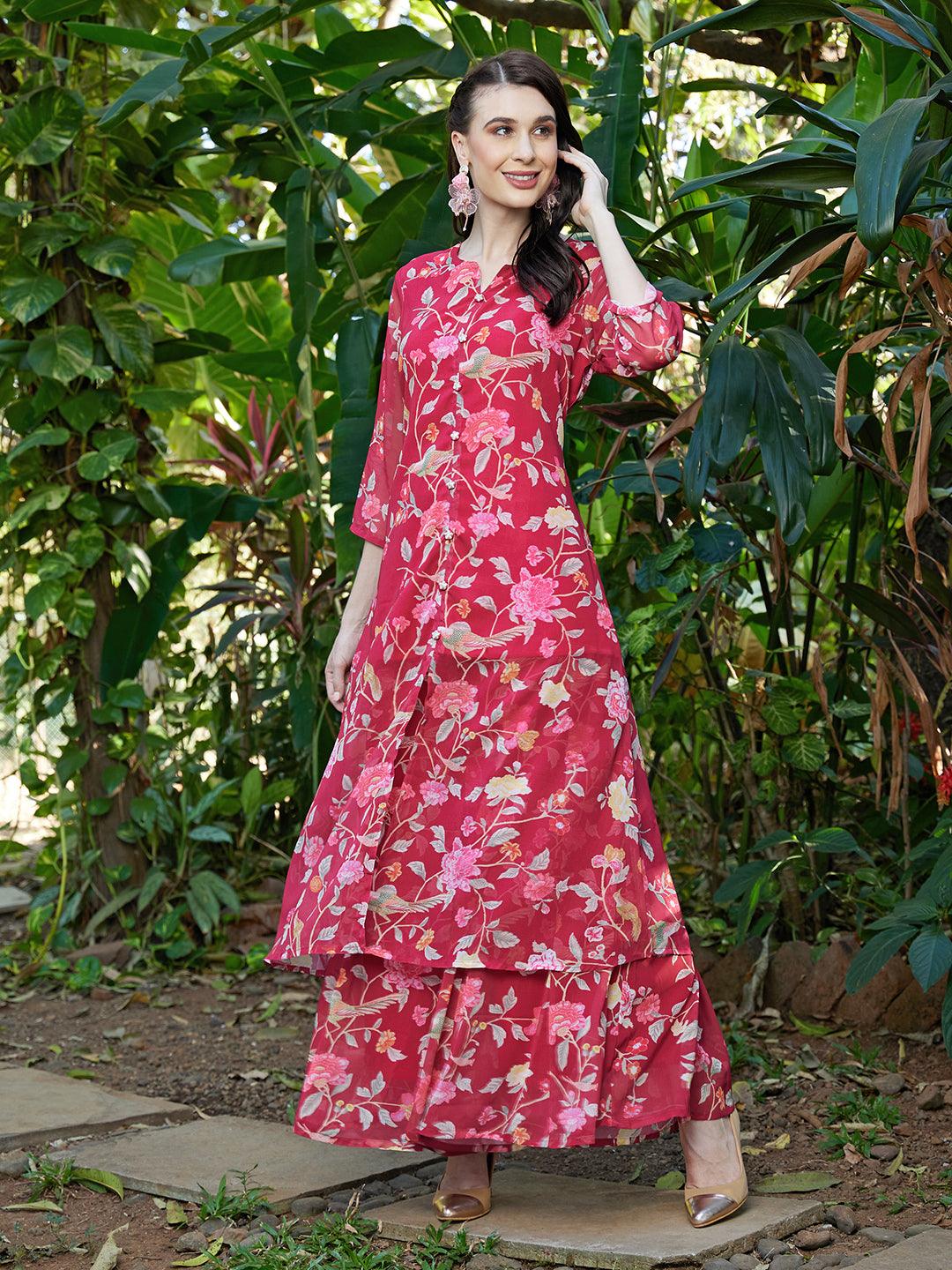 Floral Printed A-Line Kurta with Palazzo - Dark Pink - Indiakreations