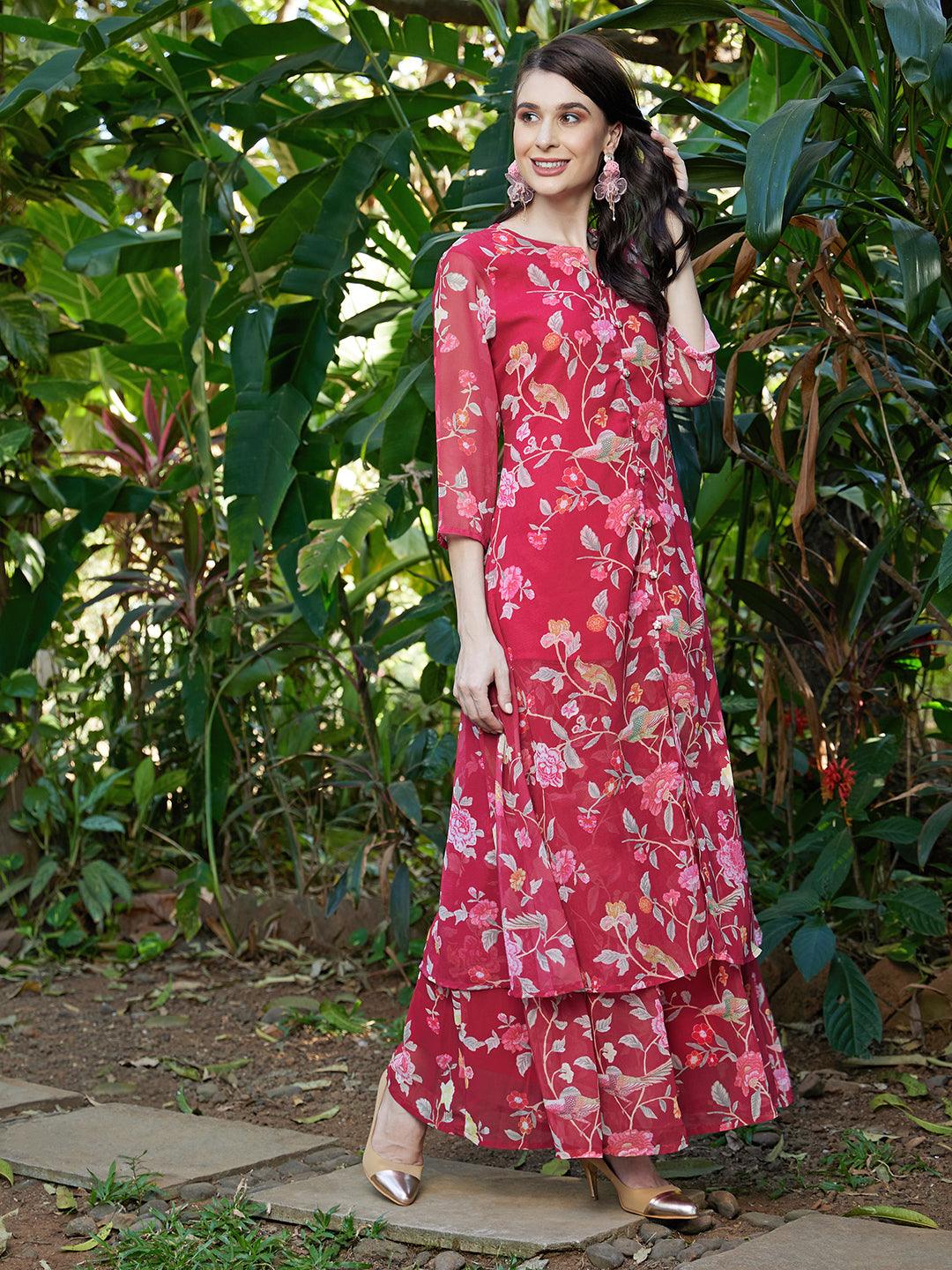 Floral Printed A-Line Kurta with Palazzo - Dark Pink - Indiakreations