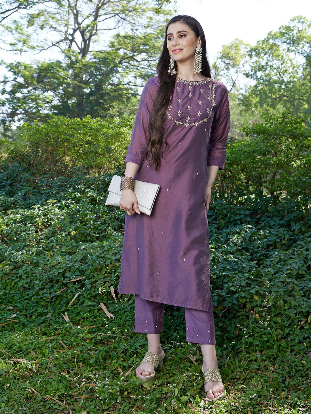 Hand Embroidered Straight Fit Kurta & Pants - Dusty Purple - Indiakreations