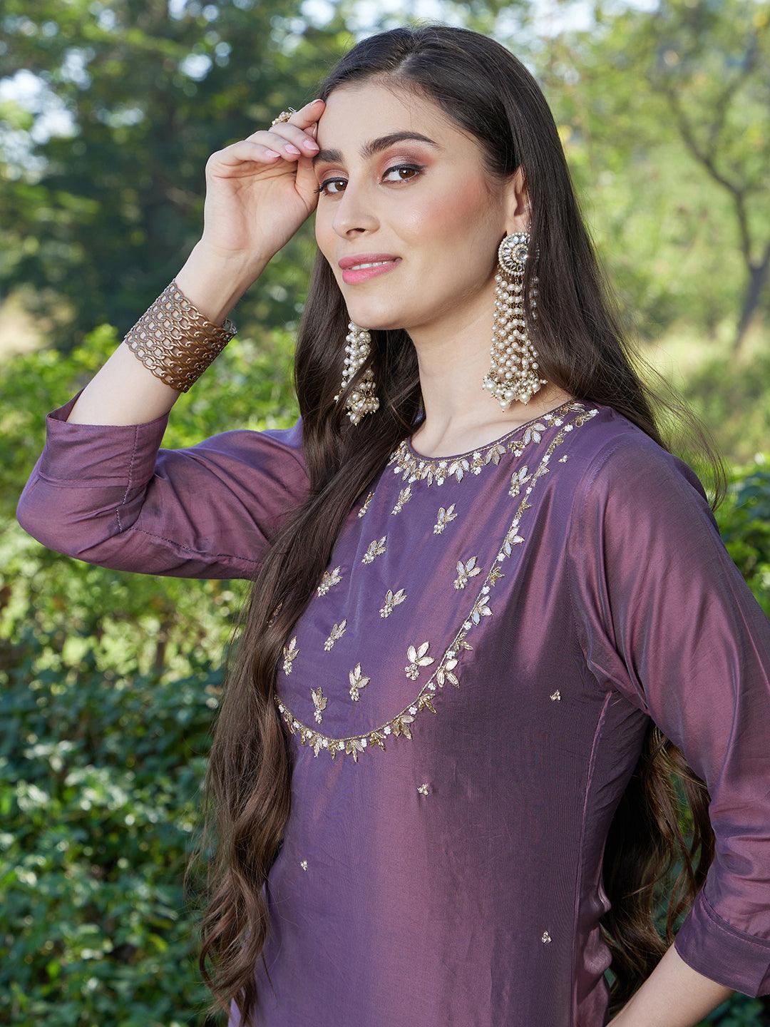 Hand Embroidered Straight Fit Kurta & Pants - Dusty Purple - Indiakreations