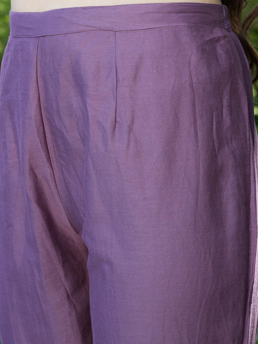 Hand Embroidered Straight Fit Kurta & Pants - Dusty Purple - Indiakreations