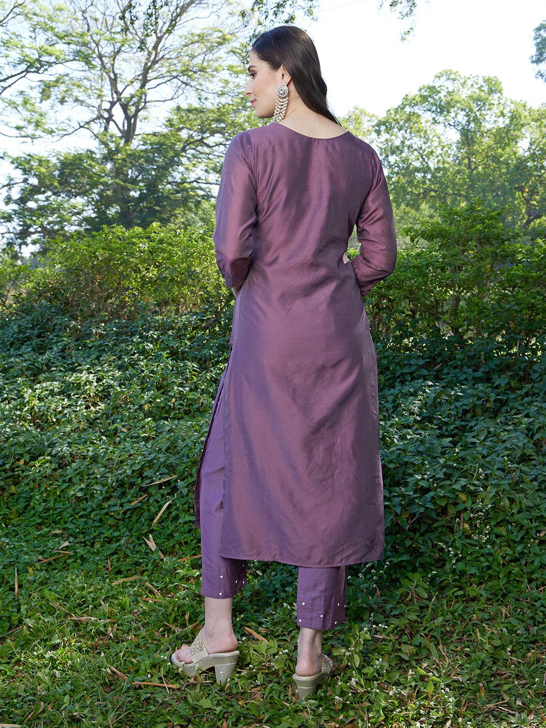 Hand Embroidered Straight Fit Kurta & Pants - Dusty Purple - Indiakreations