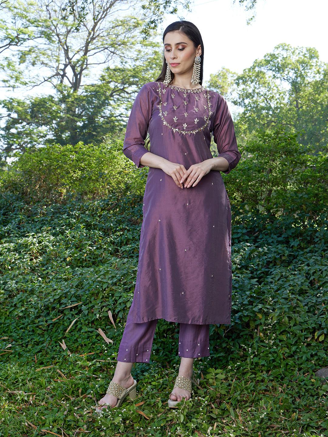 Hand Embroidered Straight Fit Kurta & Pants - Dusty Purple - Indiakreations