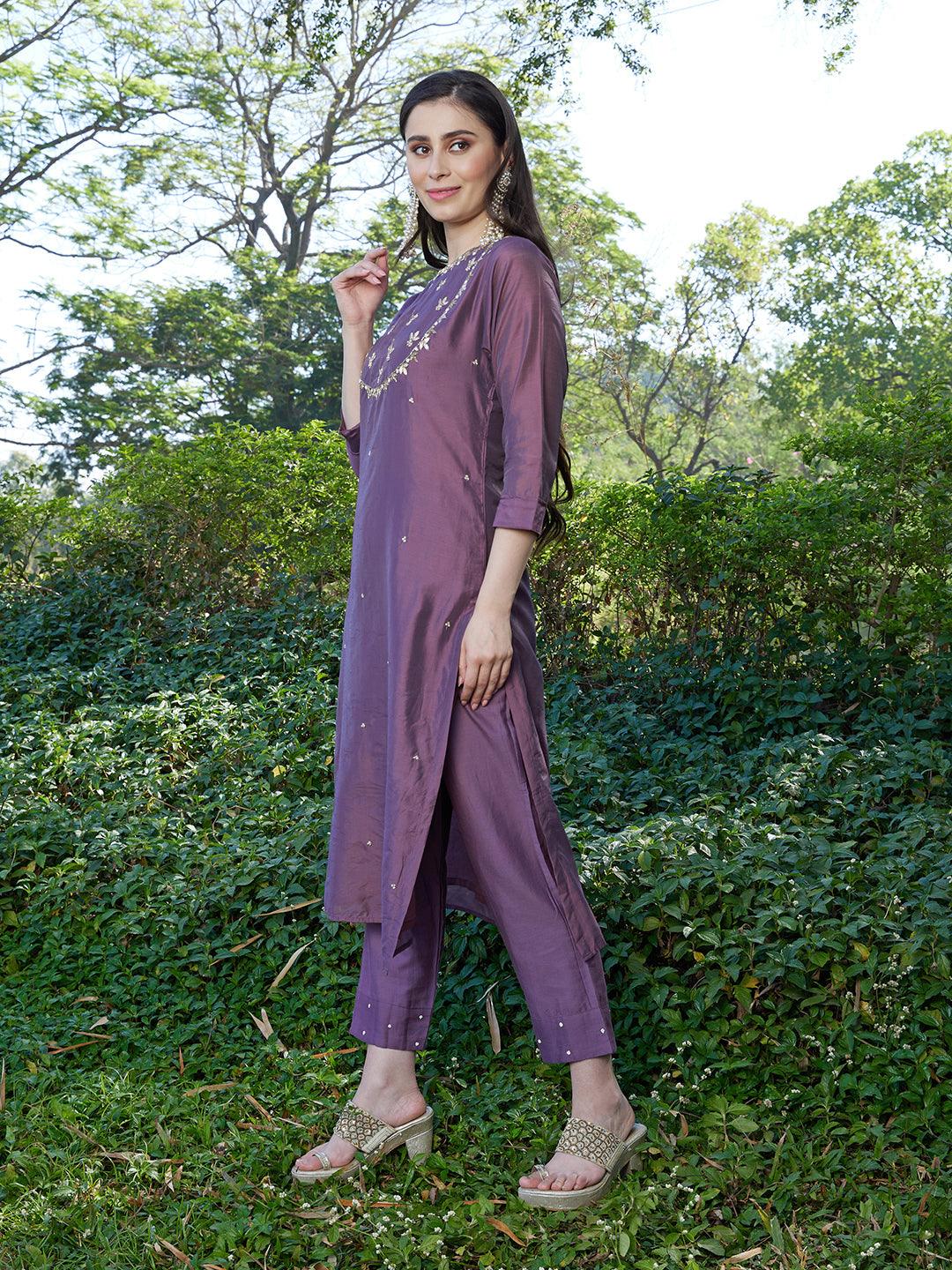 Hand Embroidered Straight Fit Kurta & Pants - Dusty Purple - Indiakreations